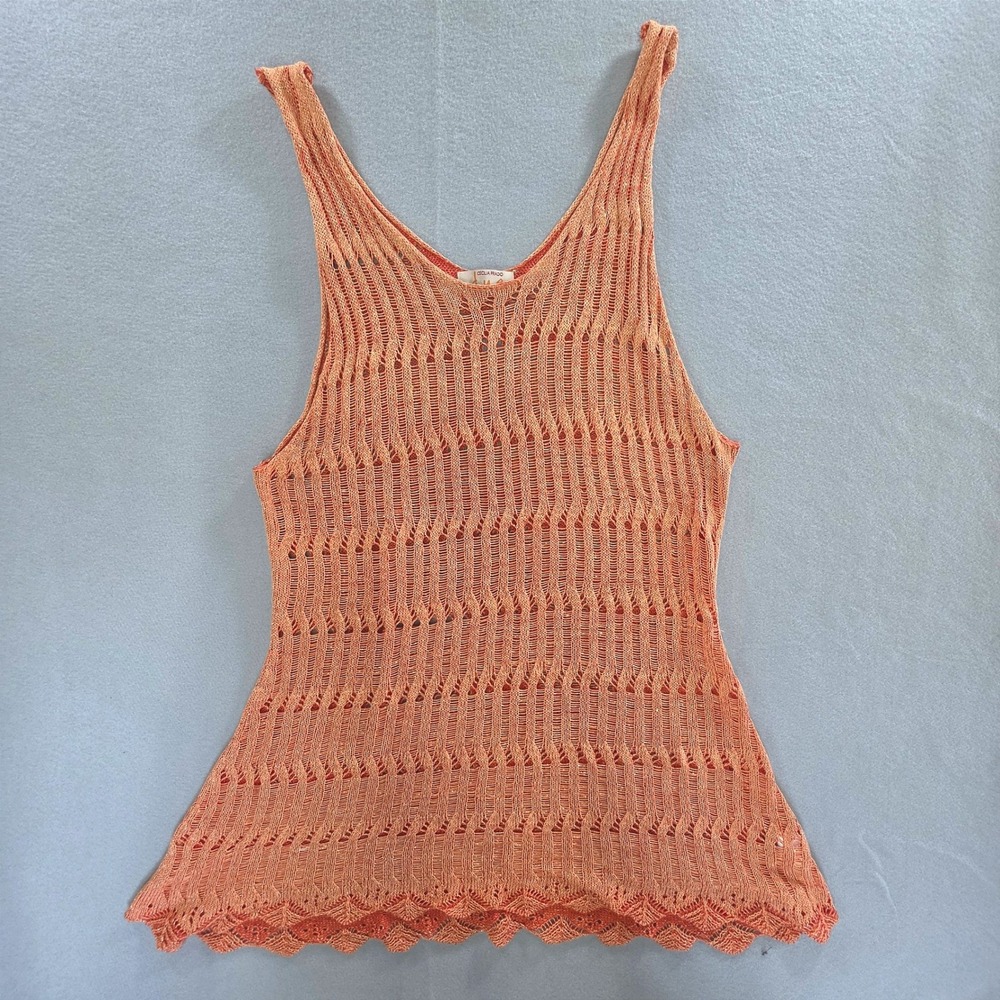 Cecilia Prado Due Boho Coastal Knit Tank Top XL Orange Metallic Scalloped Hem